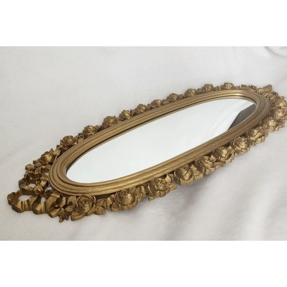 Hollywood Regency Gold Oval Wall Mirror Syroco 2324 Floral Roses 25 X 10
